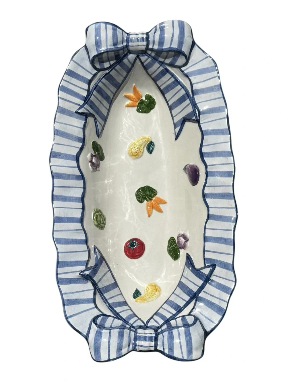 Fitz & Floyd 1994 Vegetable Garden Bow Serving Tray Blue White Cottagecore Set